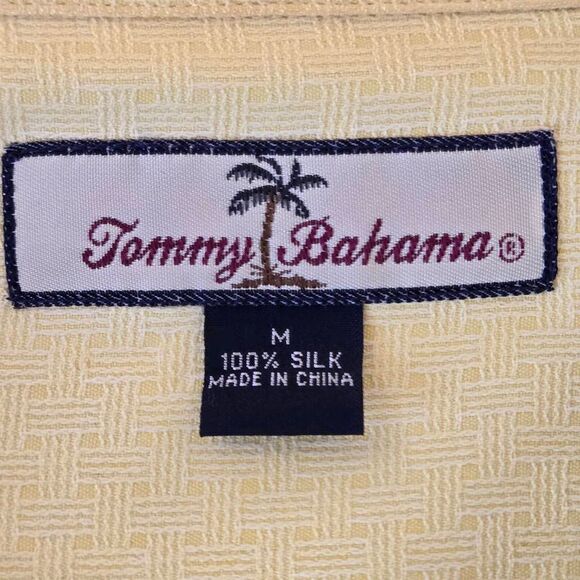Tommy Bahama Mens Jacquard 100% Silk Button Up Tropical Shirt Pale Yellow Medium - Picture 2 of 12